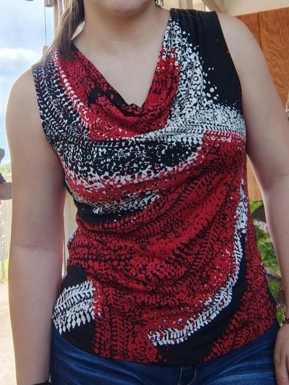 90s red, black, and white sleeveless cowl neck blouse